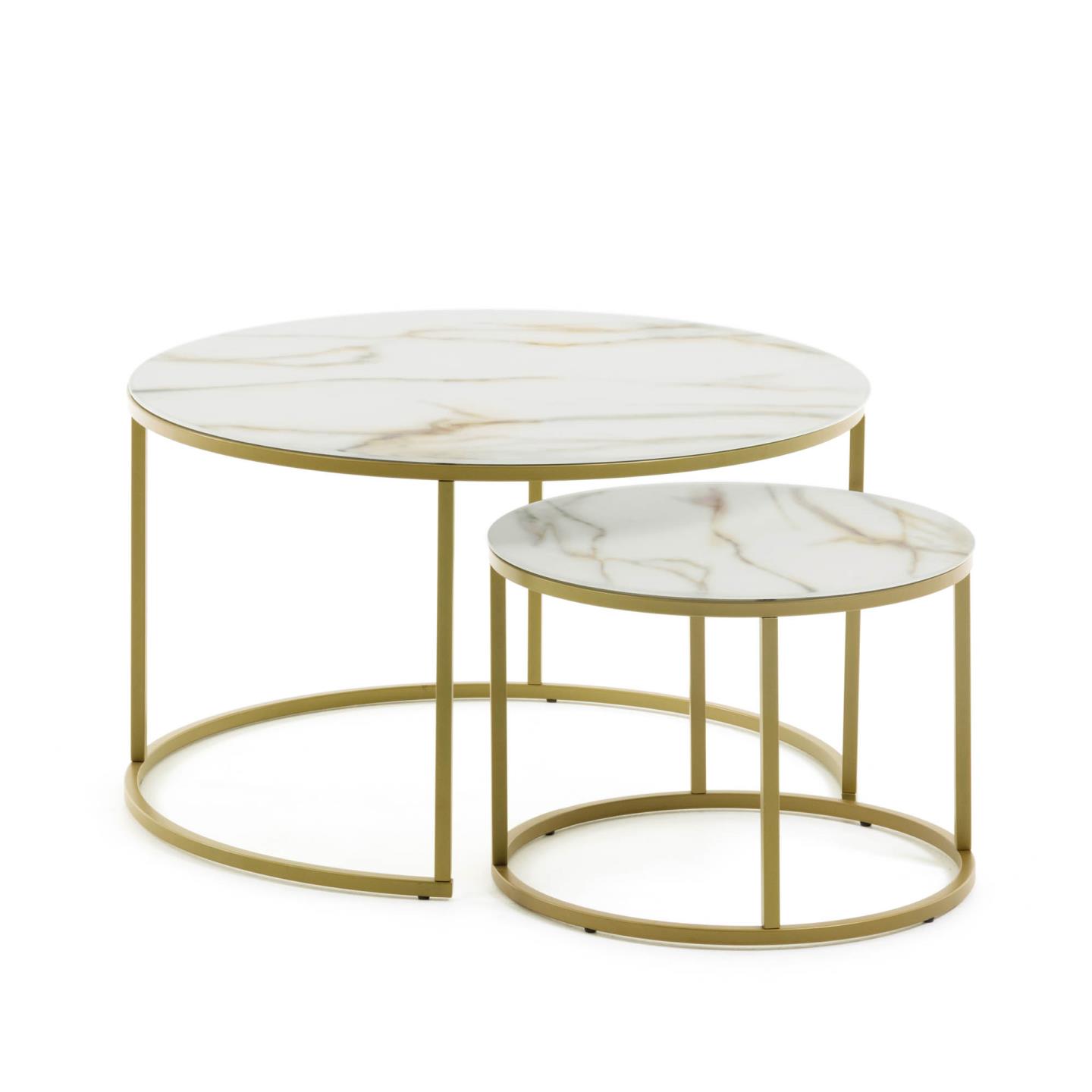 Set of 2 Leonor glass side tables in white and golden steel structure Ø 80 cm / Ø 50 cm