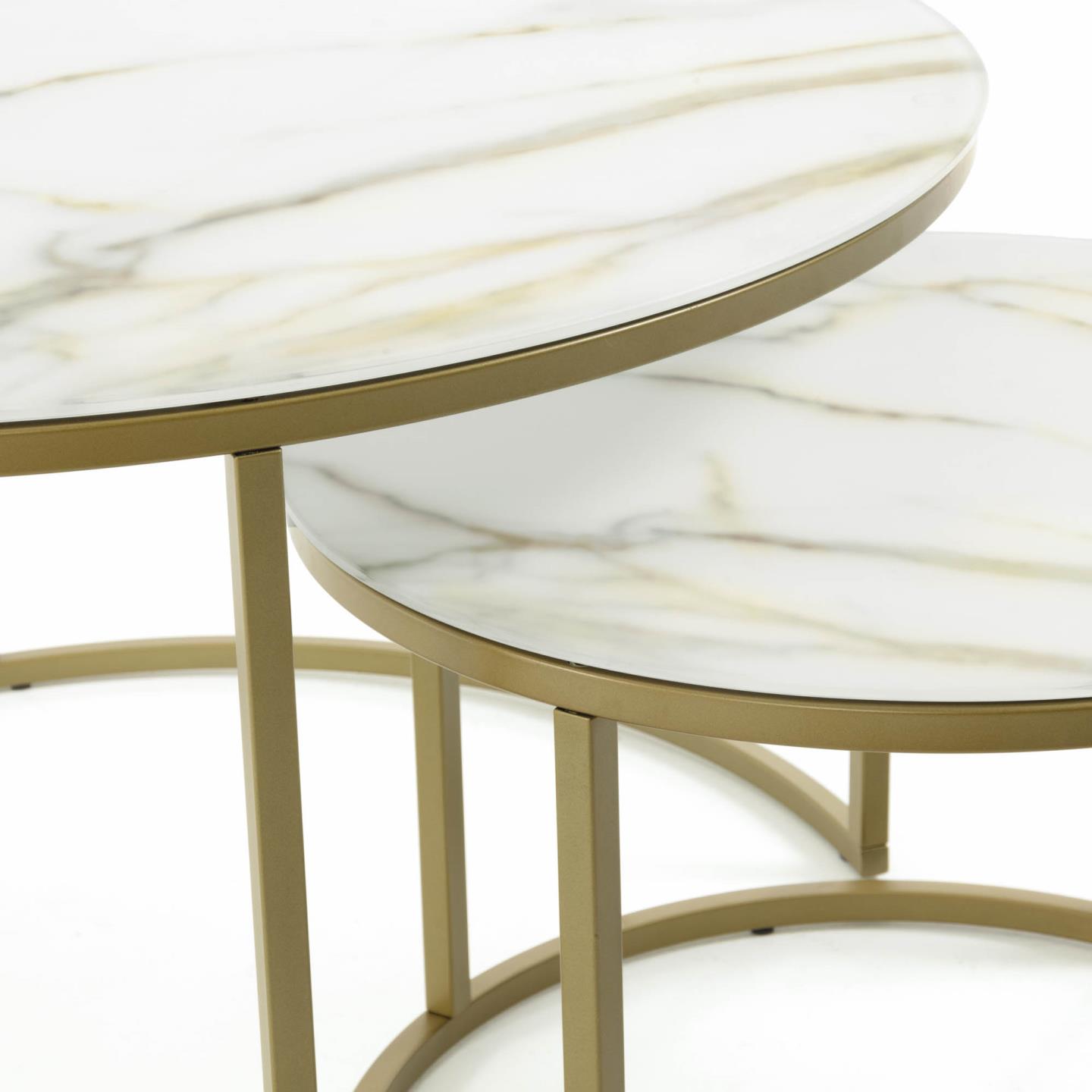 Set of 2 Leonor glass side tables in white and golden steel structure Ø 80 cm / Ø 50 cm