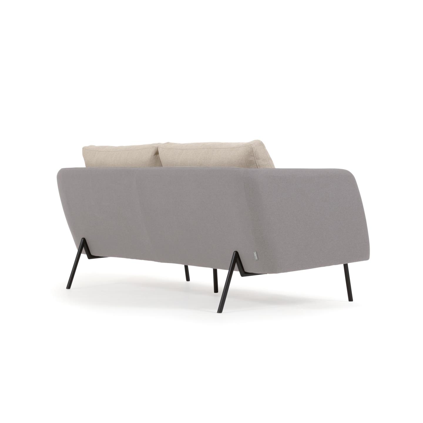 Three-seater grey Walkyria sofa beige cushions and metal legs with black finish 195 cm